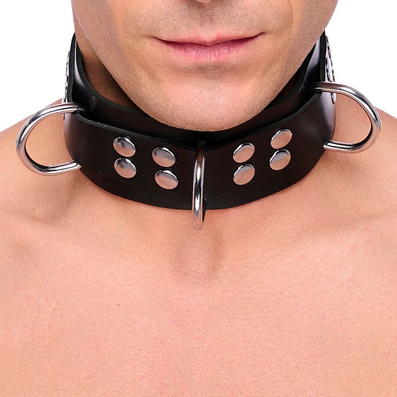 Skinn Collar med 3 D -ringer - svart